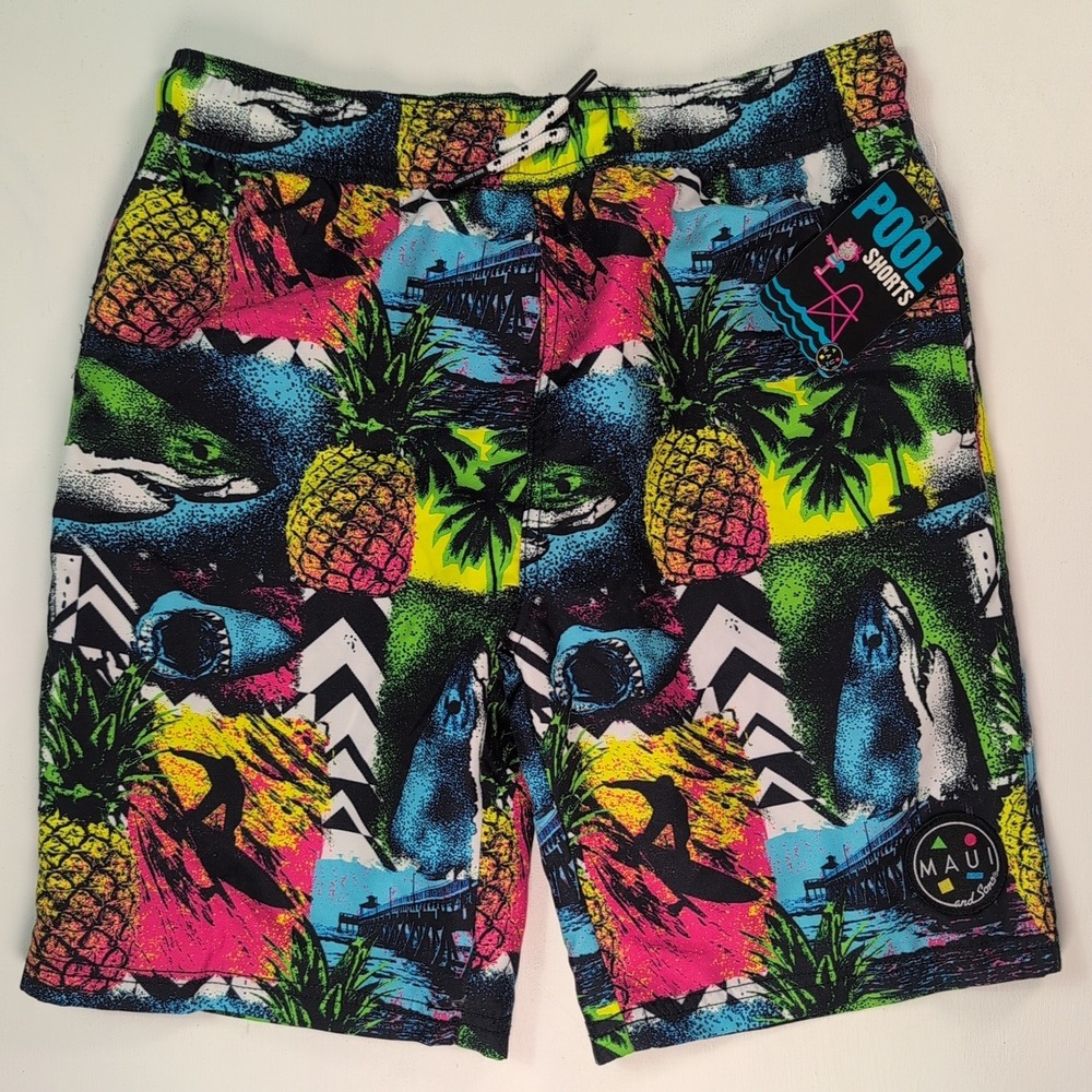 NEW Maui and Sons Boys XL 18 Pool Shorts Swim Trunks Neon Shark Pineapple Print - Picture 3 of 12